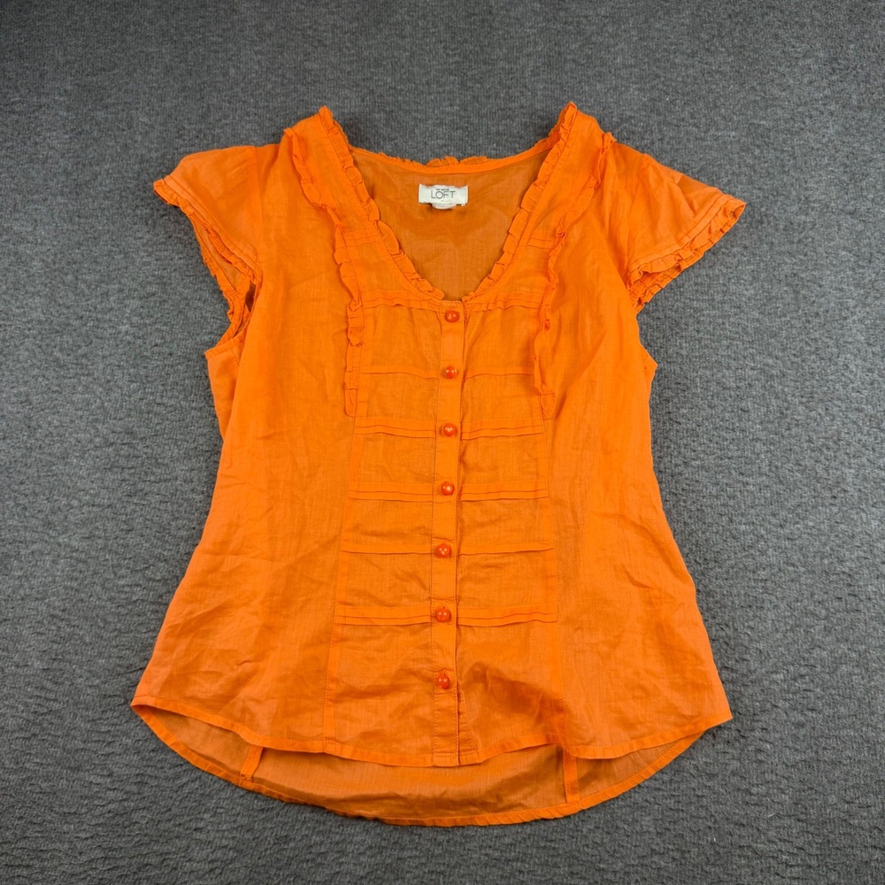 Ann Taylor Loft Blouse Womens 2 Orange Ruffle V-Neck Button Front Cap Sleeve Top